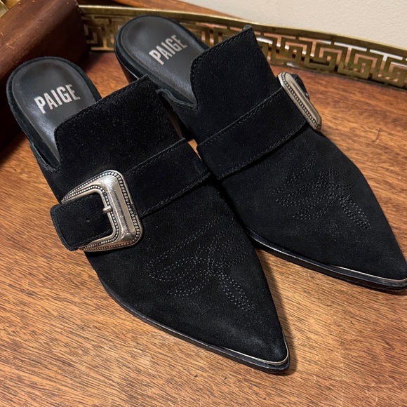 PAIGE Shoes - PAIGE Black Suede Silver Buckle PAIGE Kensington Mule